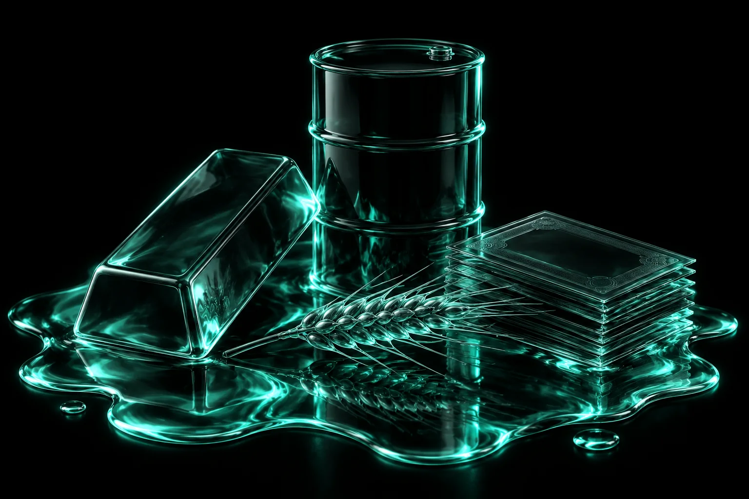 Real-world assets cast in dark glass, standing in a pool of mint liquid