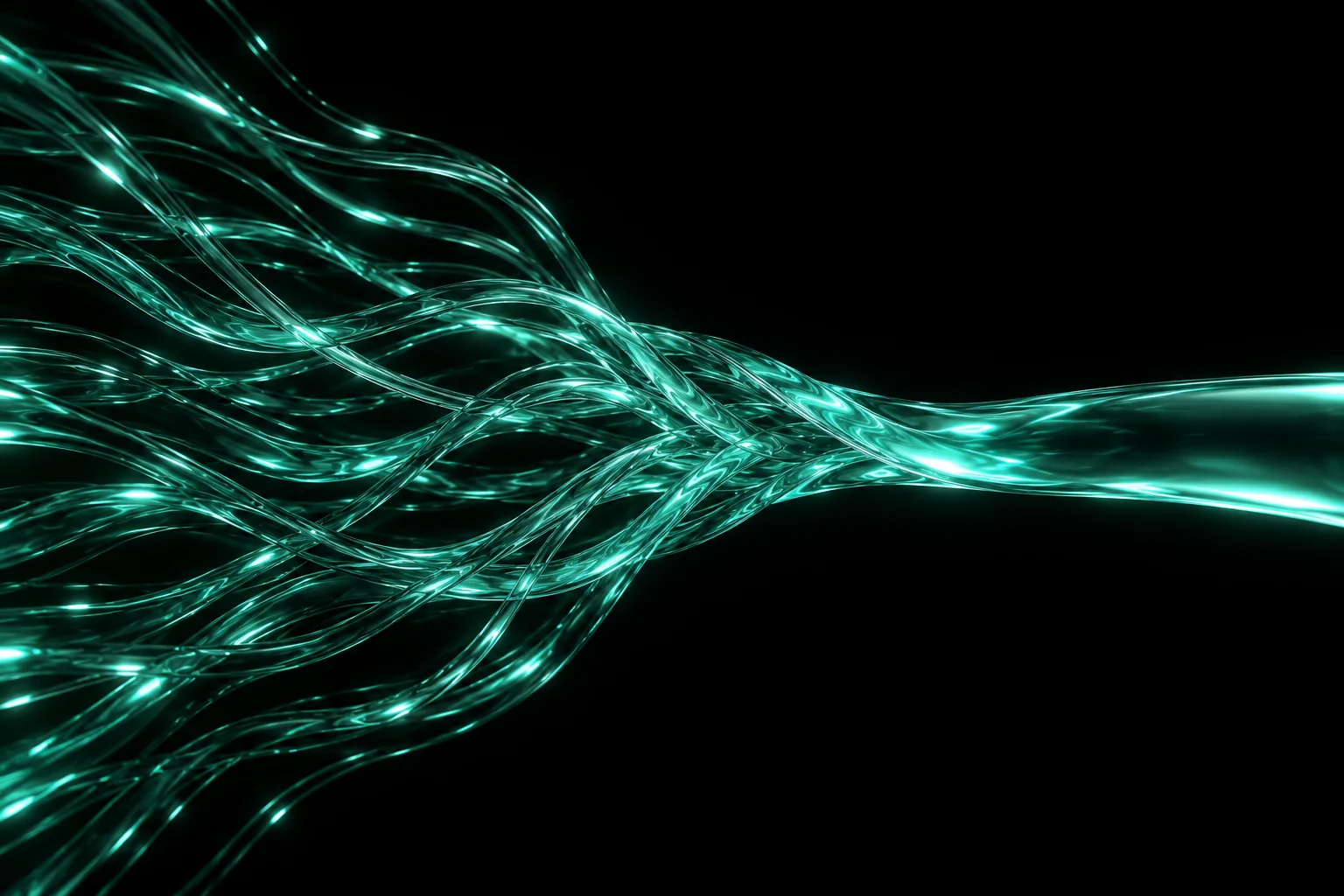 Strands of mint light converging into a single beam